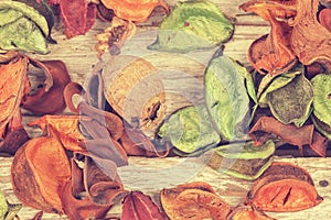 Potpourri. Close-up of dried flowers, used for aromatherapy, on white background. Top view.