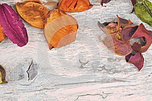 Potpourri. Close-up of dried flowers, used for aromatherapy, white background. Top view. Copy space for your text.