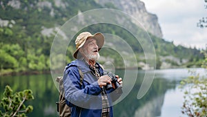 Portrét aktívneho staršieho muža na turistike v jesenných horách.