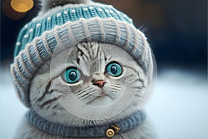 Potrait of a cute british short hair cat silver tabby in cold winter wearing warm knitted hat - Generative AI