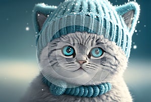 Potrait of a cute british short hair cat silver tabby in cold winter wearing warm knitted hat - Generative AI