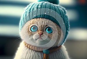 Potrait of a cute cat in cold winter wearing warm knitted hat - Generative AI