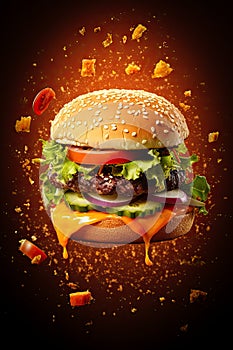 Potrait of delicious fresh flying burger