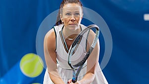 Potrait of Female Tennis Player Holding the Racquet During Championship Match, Ready to Receive Ball