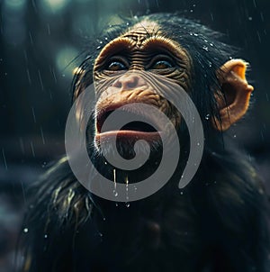 Potrait of sad chimpanzee with rain