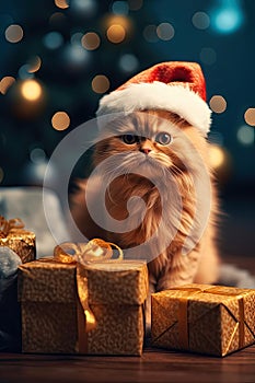 Potraits of adorable cat in christmas photo