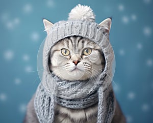 Potrt of a cute british short cat silver tabby in cold winter wearing a warm knitted hat.