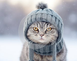 Potrt of a cute british short cat silver tabby in cold winter wearing a warm knitted hat.