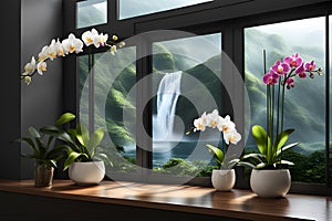 Pots with blooming orchids stand on windowsill of large window. View of tropical forest with big waterfall.