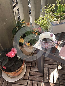 Pots of flowers on the balcony in summer