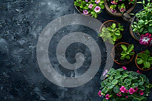 Pots, flowers and gardening tools on soil background. Spring garden works concept. Love nature