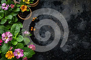 Pots, flowers and gardening tools on soil background. Spring garden works concept. Love nature