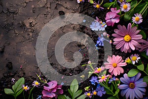 Pots, flowers and gardening tools on soil background. Spring garden works concept. Love nature