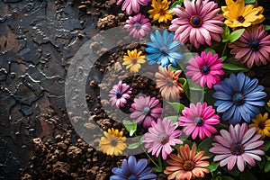 Pots, flowers and gardening tools on soil background. Spring garden works concept. Love nature