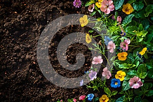 Pots, flowers and gardening tools on soil background. Spring garden works concept. Love nature