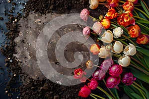 Pots, flowers and gardening tools on soil background. Spring garden works concept. Love nature