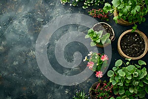 Pots, flowers and gardening tools on soil background. Spring garden works concept. Love nature