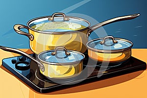 pots on gas stove, Cookware with different boiling, stewing food.
