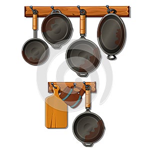 Pots, pans, cutting board and mug Kitchen utensils