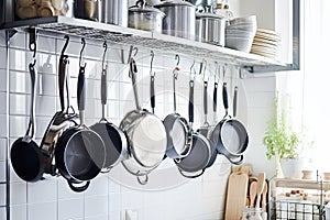 pots and pans hanging from hooks in an organized kitchen