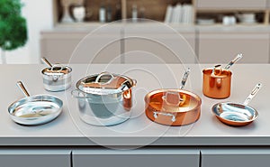 Pots and pans. Wooden table over blurred kitchen window sill for product display, 3d rendering