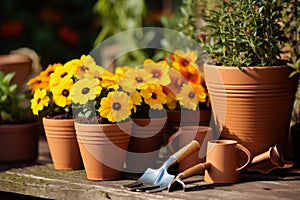 Pots shovel gardening tools flowers plants digging hobby nature growth cultivate outdoors horticulture equipment flora