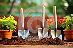 Pots shovel gardening tools flowers plants digging hobby nature growth cultivate outdoors horticulture equipment flora