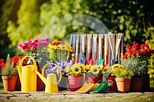 Pots shovel gardening tools flowers plants watering can hobby nature growth cultivate horticulture equipment fresh flora