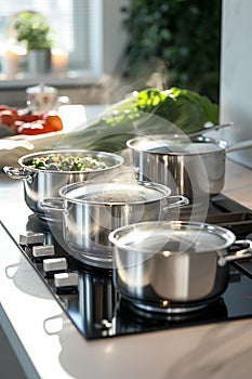 Pots of simmering food in a bright modern kitchen. AI generative