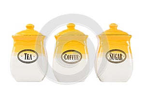 Pots of tea, coffee and sugar, yellow-white color on a white background