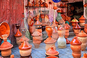 Pots of terra cotta and stoneware for the traditional delicious dishes Tajine and Couscous