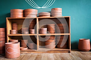 Pots On A Wooden Shelf