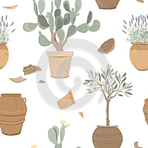 Potsherds and Mediterranean plants in old pots, seamless pattern. Lavender, prickly pear, and olive tree in clay pottery