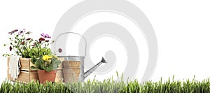 Potted blooming flowers and gardening tools on grass against white background, space for text. Banner design