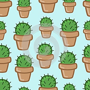 Potted cactus in cartoon style. Cute vector illustration. Seamless pattern on blue background