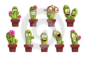 Potted cactus characters sett, funny cacti in flower pot with different emotions vector Illustrations on a white