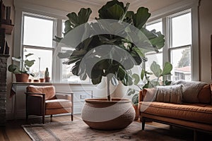 Potted Fiddle Leaf Fig Tree With Large Leaves In Textured Terracotta Pot In Bohemianinspired Apartment. Generative AI photo