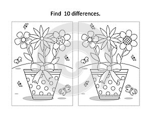 Potted flowers find the differences picture puzzle and coloring page