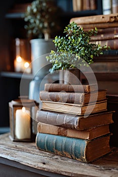 Potted Green Plant on a Stack of Old Books, Library Background