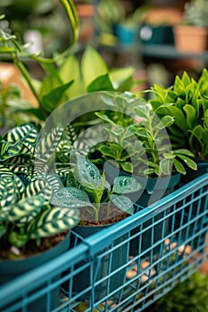 Potted houseplants in a blue plastic crate. Urban gardening and home decor concept
