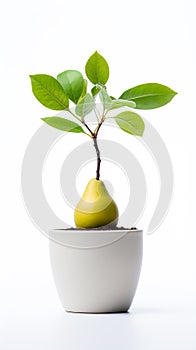 potted pear baby tree, carefully nurtured and isolated against a pristine white background.