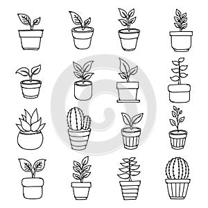 Potted Plant Doodle icon set. Drawing sketch illustration hand drawn line