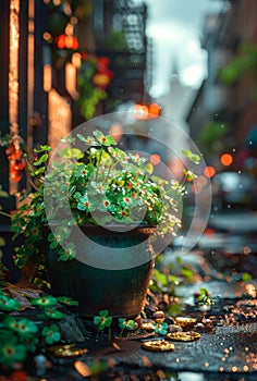 Potted plant and flowers on the street in the rain
