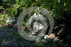 A potted plant in the shape of a child's head placed in a beautiful garden