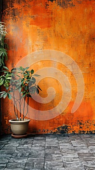 A potted plant sitting on a concrete floor next to an orange wall, AI