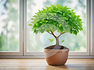 A potted plant sitting in front of a window, bright daylight indoor photo.