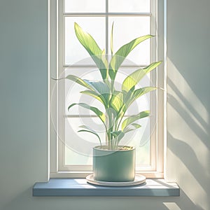 Potted plant windowsill sunlight window sill shadows green minimalism illustration