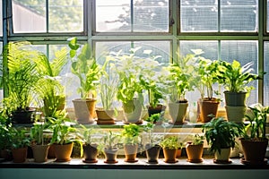 potted plants arranged along a sunny staff room window
