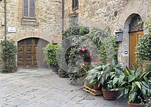 Potted plants and flowers along Via Stretta in Piensa, Italy