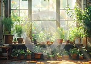 Potted plants and herbs on sunny windowsill